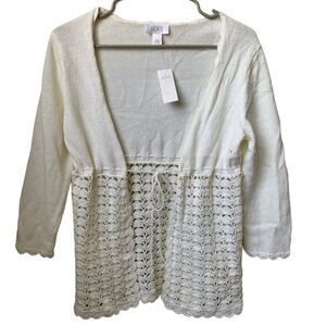 LOFT Women’s Ivory 3/4 Sleeve Tie Front Rayon Nylon Crochet Bottom Cardigan